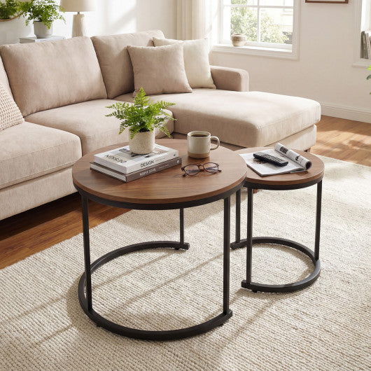 Set of 2 Modern Round Stacking Nesting Coffee Tables for Living Room-Light Brown