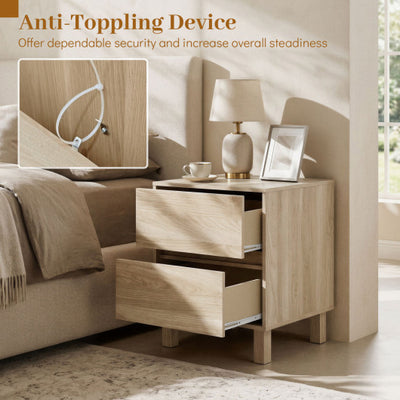 Set of 2 Modern Wooden End Table with 2 Storage Drawers-Natural