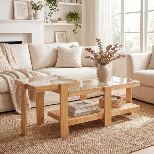 Set of 2 Nesting Coffee Table with Boho Rattan Accent Table-Natural