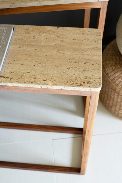 Set of 2 Nesting Travertine Console Tables with Acacia Wood Bases