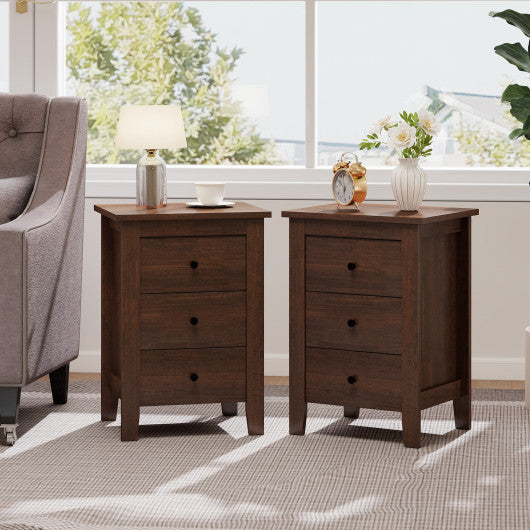 Set of 2 Nightstand End Beside Table Drawers-Walnut