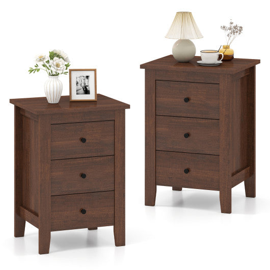 Set of 2 Nightstand End Beside Table Drawers-Walnut