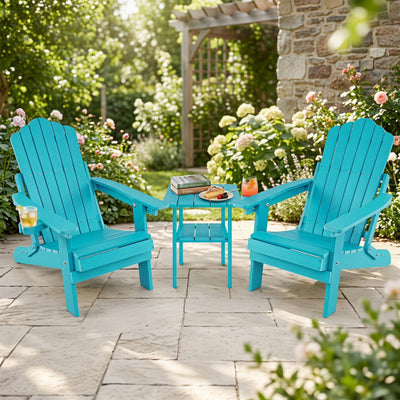 Set of 2 Outdoor Folding Adirondack Chair with Cup Holder and 5-Level Backrest-Turquoise