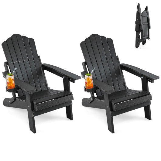 Set of 2 Outdoor Folding Adirondack Chair with Cup Holder and 5-Level Backrest-Black