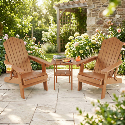 Set of 2 Outdoor Folding Adirondack Chair with Cup Holder and 5-Level Backrest-Coffee