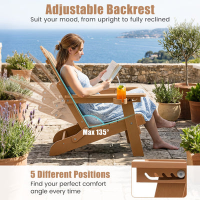Set of 2 Outdoor Folding Adirondack Chair with Cup Holder and 5-Level Backrest-Coffee