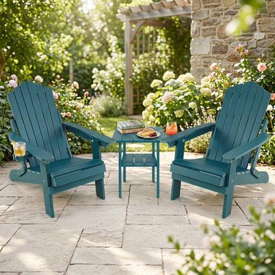 Set of 2 Outdoor Folding Adirondack Chair with Cup Holder and 5-Level Backrest-Green