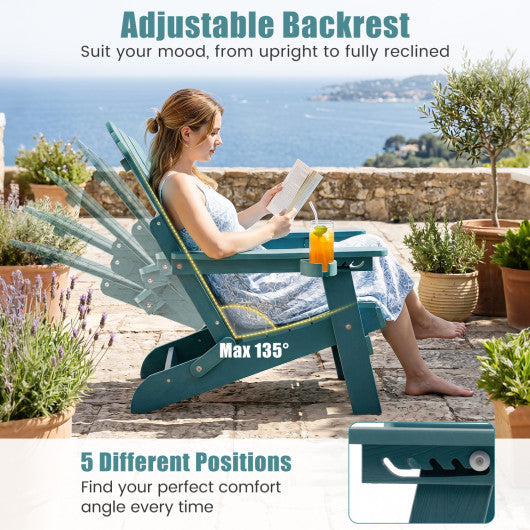 Set of 2 Outdoor Folding Adirondack Chair with Cup Holder and 5-Level Backrest-Green