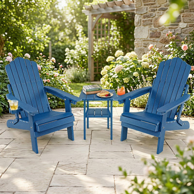 Set of 2 Outdoor Folding Adirondack Chair with Cup Holder and 5-Level Backrest-Navy