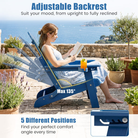 Set of 2 Outdoor Folding Adirondack Chair with Cup Holder and 5-Level Backrest-Navy