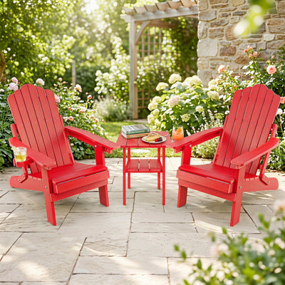 Set of 2 Outdoor Folding Adirondack Chair with Cup Holder and 5-Level Backrest-Red