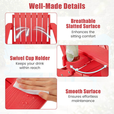 Set of 2 Outdoor Folding Adirondack Chair with Cup Holder and 5-Level Backrest-Red