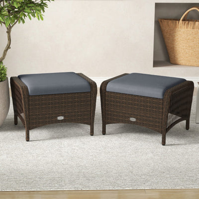 Set of 2 Outdoor Patio PE Wicker Ottomans with Removable Cushions-Grey