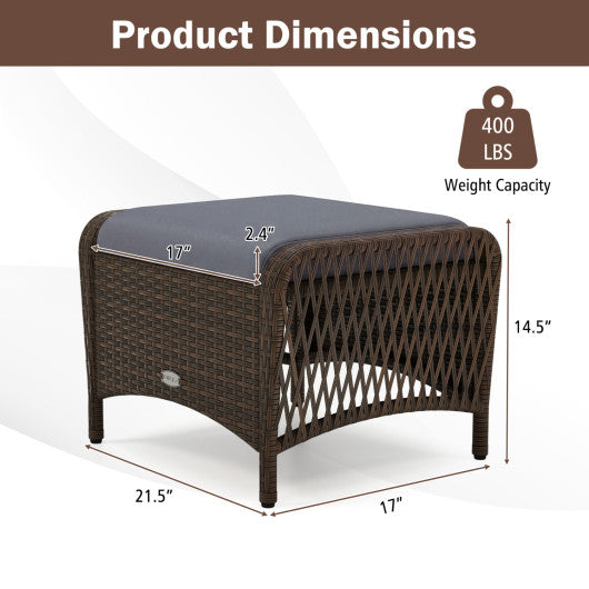 Set of 2 Outdoor Patio PE Wicker Ottomans with Removable Cushions-Grey