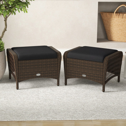 Set of 2 Outdoor Patio PE Wicker Ottomans with Removable Cushions-Black