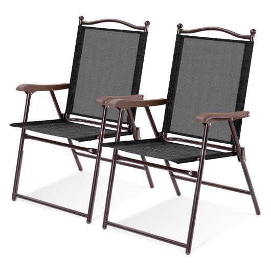 Set of 2 Patio Folding Sling Back Camping Deck Chairs-Black
