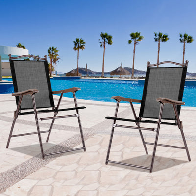Set of 2 Patio Folding Sling Back Camping Deck Chairs-Brown