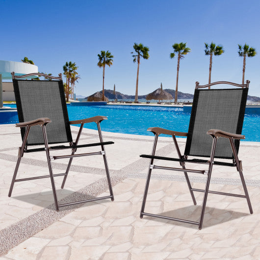 Set of 2 Patio Folding Sling Back Camping Deck Chairs-Brown