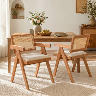 Set of 2 Rattan Accent Chairs with Padded Cushion and Rubber Wood Frame-Beige