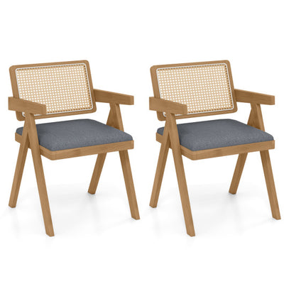 Set of 2 Rattan Accent Chairs with Padded Cushion and Rubber Wood Frame-Gray