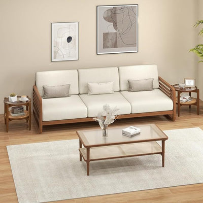 Set of 2 Rattan Round Side End Table with Tempered Glass Tabletop-Walnut