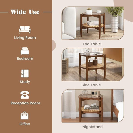 Set of 2 Rattan Round Side End Table with Tempered Glass Tabletop-Walnut