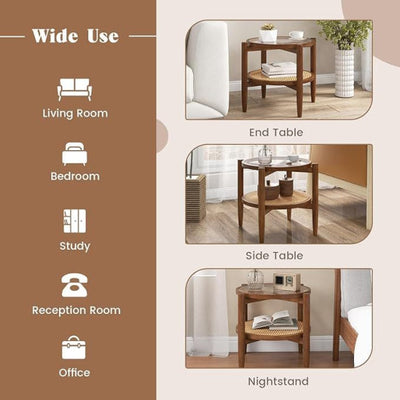 Set of 2 Rattan Round Side End Table with Tempered Glass Tabletop-Walnut