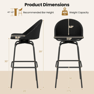 Set of 2 Rattan Swivel Barstools with Curved Back-Black