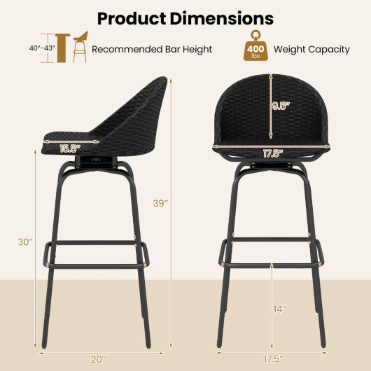 Set of 2 Rattan Swivel Barstools with Curved Back-Black