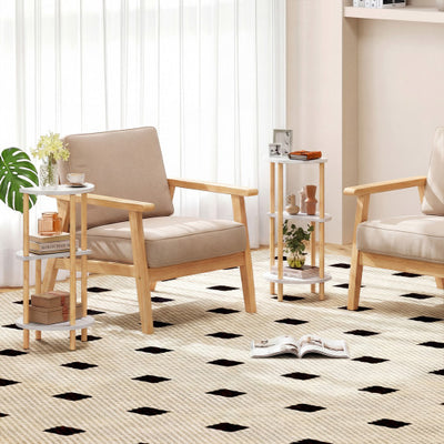 Set of 2 Round Side Table Compact with 3-Tier Shelves and Bamboo Construction-White