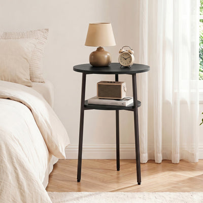 Round Side Table with Storage Shelf & Metal Frame for Living Room-Black