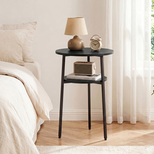 Round Side Table with Storage Shelf & Metal Frame for Living Room-Black