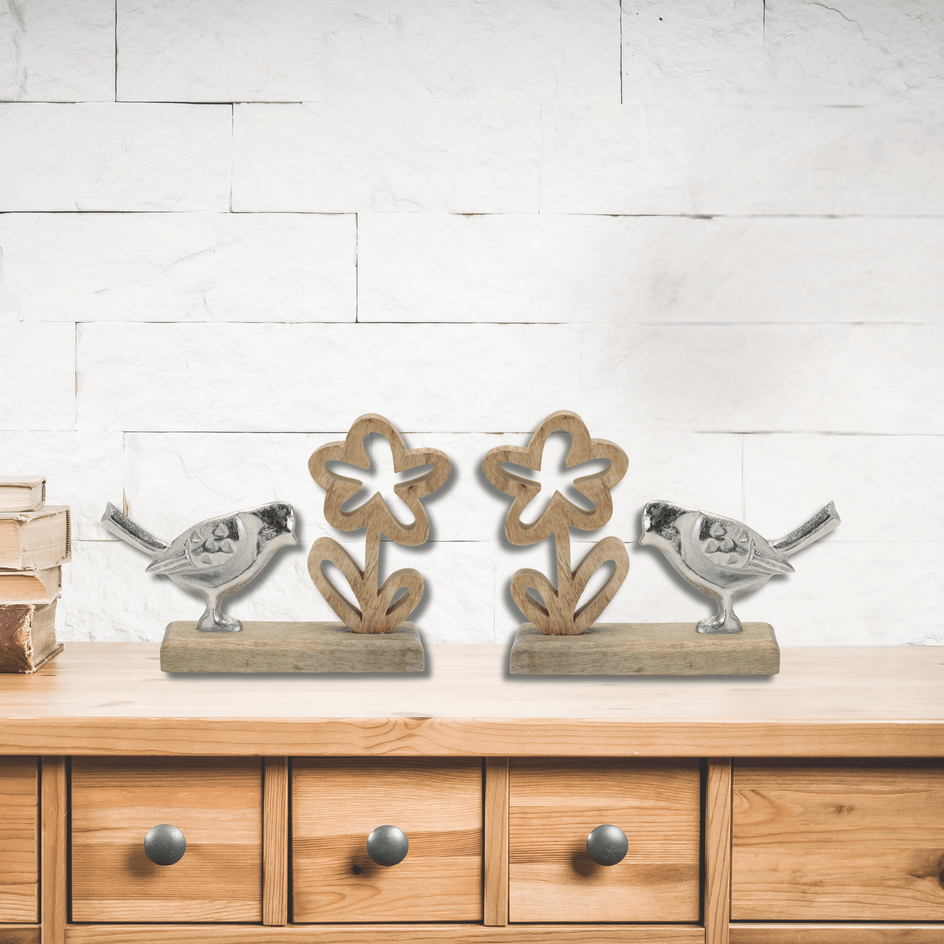 Set of 2 Rustic Metal Bird and Flowers on Wooden Stand