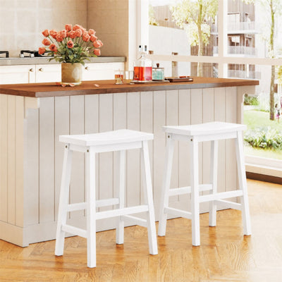 Set of 2 Saddle-Seat Counter Height Stools with Curved Seat and Footrests-Beige