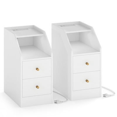 Set of 2 Side End Tables with Charging Station Sofa Couch Tables with Shelf Drawers-White