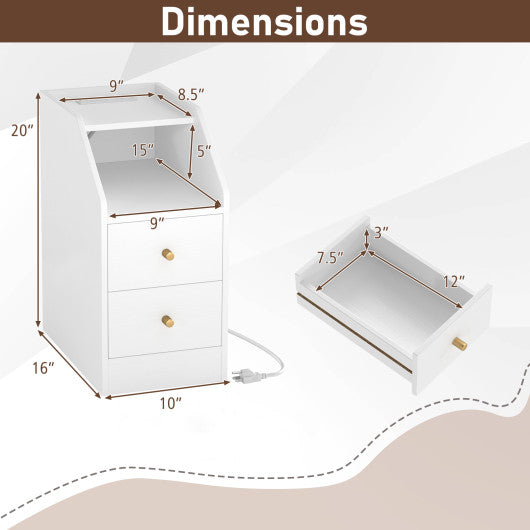 Set of 2 Side End Tables with Charging Station Sofa Couch Tables with Shelf Drawers-White