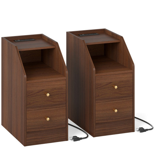 Set of 2 Side End Tables with Charging Station Sofa Couch Tables with Shelf Drawers-Walnut