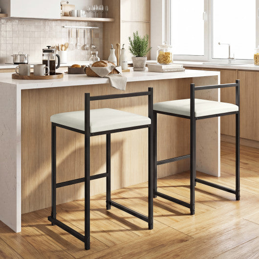Set of 2 Stackable Counter Height Bar Stools PU Leather Upholstered with Footrest-Black