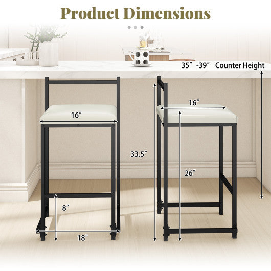 Set of 2 Stackable Counter Height Bar Stools PU Leather Upholstered with Footrest-Black