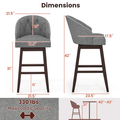Set of 2 Swivel Bar Stools with Rubber Wood Legs and Padded Back-Gray
