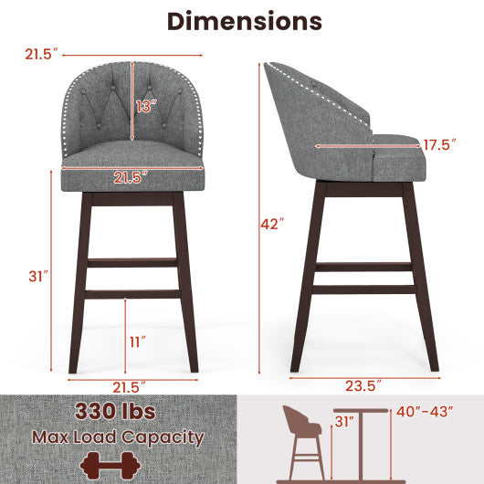 Set of 2 Swivel Bar Stools with Rubber Wood Legs and Padded Back-Gray