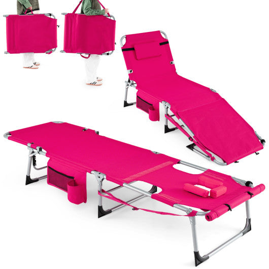 Set of 2 Tanning Chairs with Face Arm Holes Portable with 4-Level Backrest-Pink