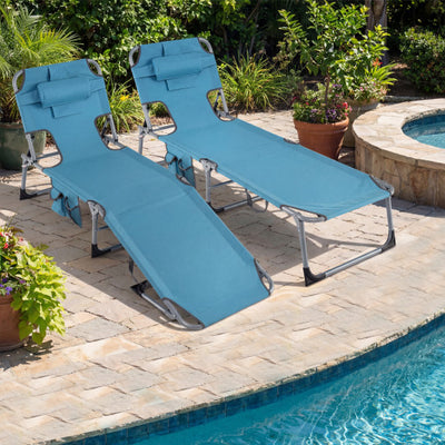 Set of 2 Tanning Chair Portable Chaise Lounge Chair with 4-Position Adjustable Backrest-Navy