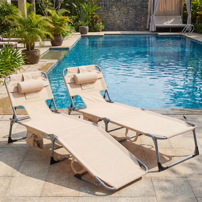 Set of 2 Tanning Chair Portable Chaise Lounge Chair with 4-Position Adjustable Backrest-Beige