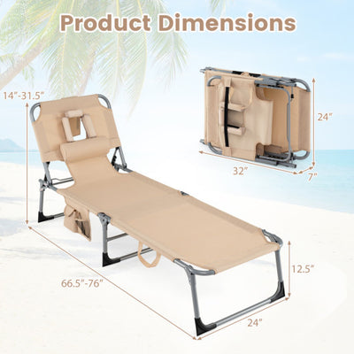 Set of 2 Tanning Chair Portable Chaise Lounge Chair with 4-Position Adjustable Backrest-Beige