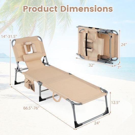 Set of 2 Tanning Chair Portable Chaise Lounge Chair with 4-Position Adjustable Backrest-Beige