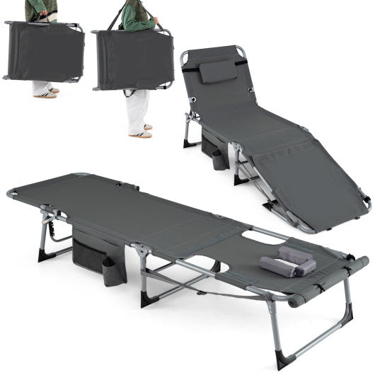 Set of 2 Tanning Chairs with Face Arm Holes Portable with 4-Level Backrest-Gray