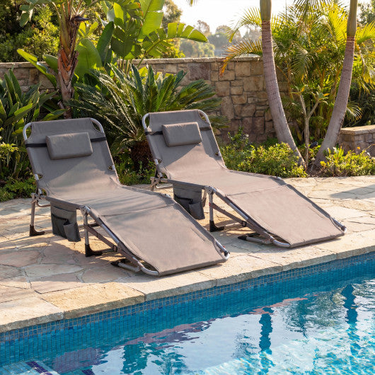 Set of 2 Tanning Chairs with Face Arm Holes Portable with 4-Level Backrest-Gray
