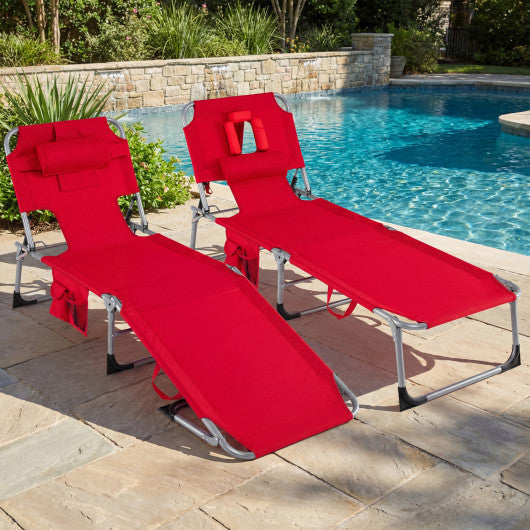 Set of 2 Tanning Chair Portable Chaise Lounge Chair with 4-Position Adjustable Backrest-Red