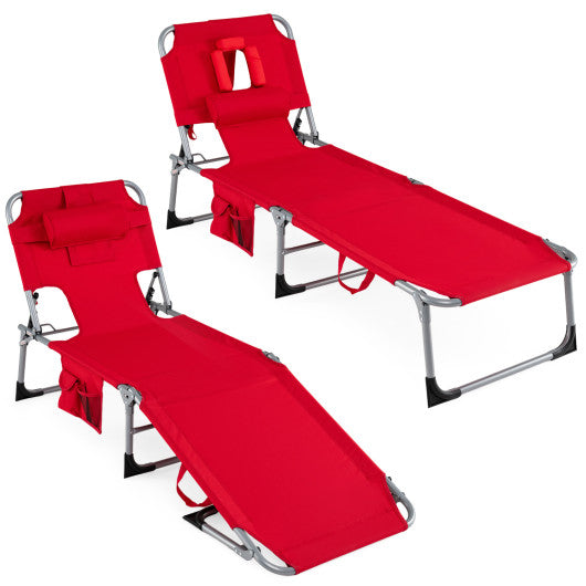 Set of 2 Tanning Chair Portable Chaise Lounge Chair with 4-Position Adjustable Backrest-Red